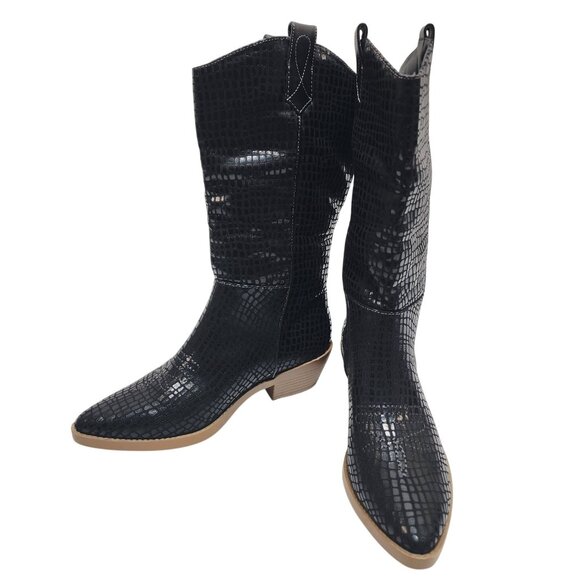 Black Croc-Embossed Mid-Calf Western Boots Size 6M Faux Leather Upper Block Heel - Picture 5 of 10